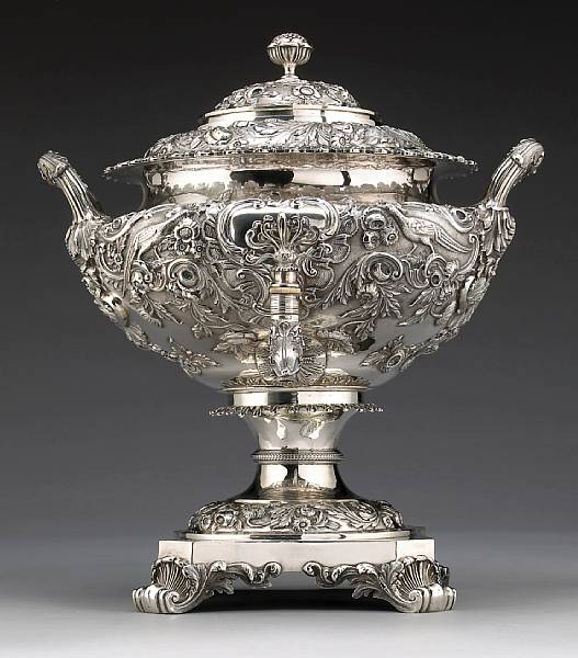 Appraisal: A George IV silver hot water urnJE possibly overstruck London