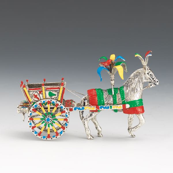 Appraisal: ITALIAN STERLING SILVER AND ENAMEL CIRCUS HORSE WITH CARRIAGE x