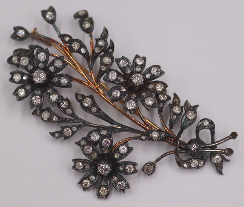 Appraisal: JEWELRY ANTIQUE SILVER-TOPPED KT GOLD AND Diamond Floral Spray Brooch