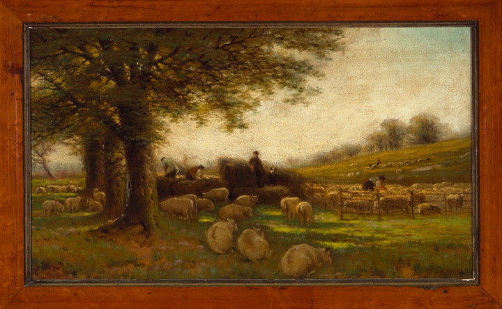 Appraisal: Sir Alfred East British - Sheep Shearing oil on canvas