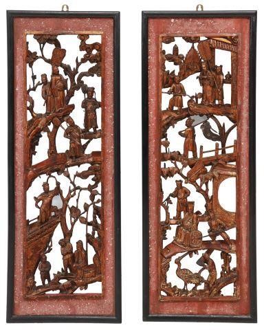 Appraisal: pair Chinese carved wood hanging panels lacquer on gold leaf