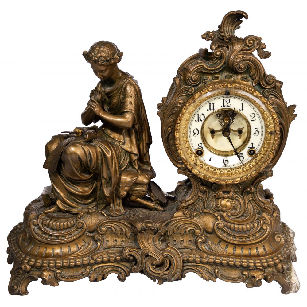 Appraisal: BRONZE FIGURAL MANTEL CLOCKWind and strike pendulum clock having a