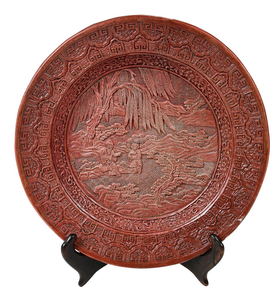 Appraisal: Chinese Red Cinnabar Lacquer Plate with carved Xuande mark rim