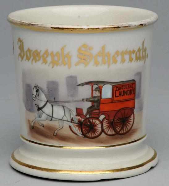 Appraisal: Horse-Drawn Laundry Wagon Shaving Mug Gilt name Joseph Scherrah Stamped