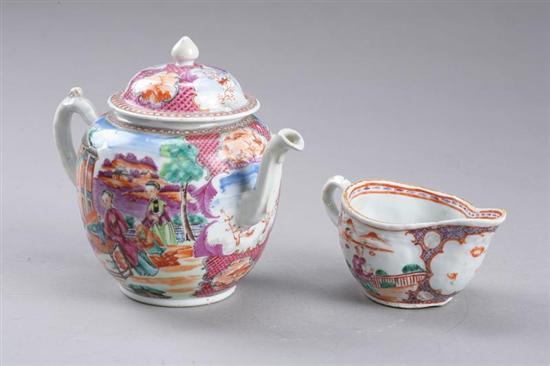 Appraisal: EXPORT TEAPOT AND CREAMER China th century porcelain Mandarin scene