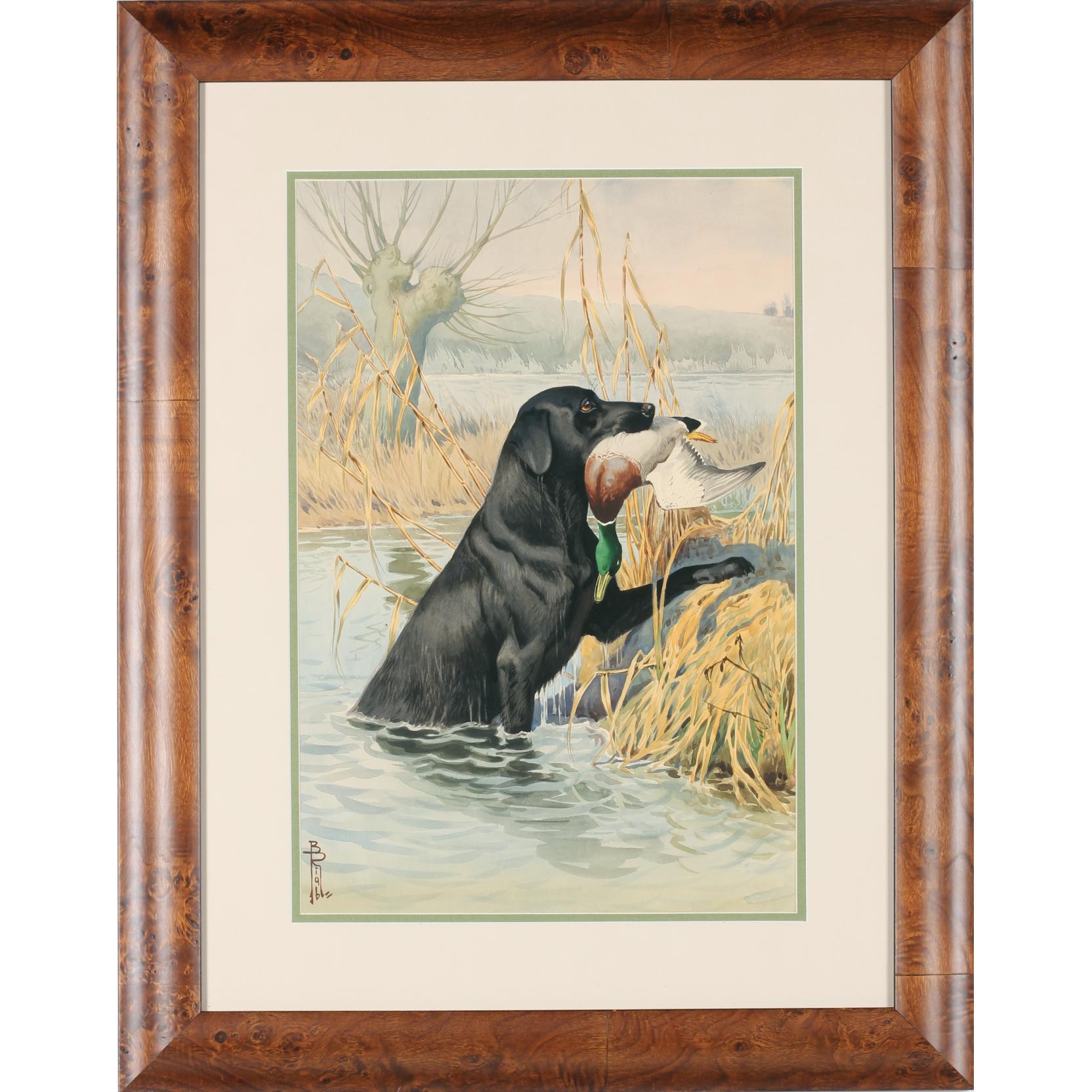 Appraisal: Boris Riab French Russian - Labrador Retrieving a Duck watercolor