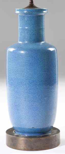 Appraisal: Chinese Monochrome Blue Vase Lampmounted into a circular metal base