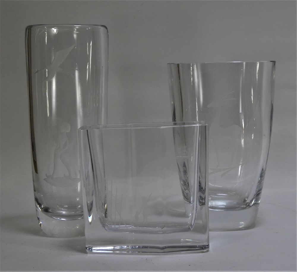 Appraisal: PC Orrefors Figural Etched Crystal Glass Vases Sweden th Century