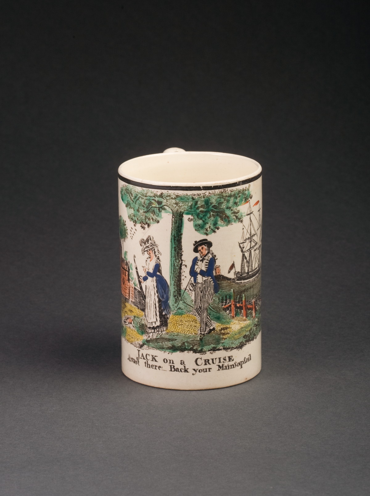 Appraisal: ENGLISH CREAMWARE ENAMEL-DECORATED AND TRANSFER-PRINTED MUG DEPICTING 'JACK ON A