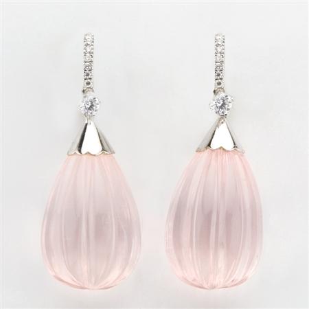 Appraisal: Pair of Pair of Fluted Rose Quartz and Diamond Pendant-Earrings