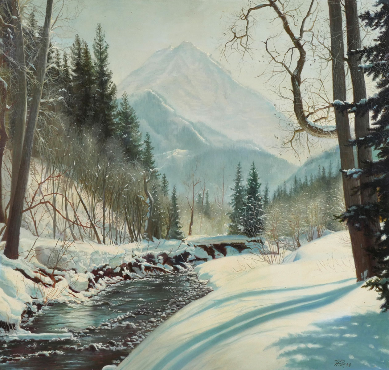 Appraisal: CORSO WINTER LANDSCAPE WITH STREAM PAINTING Oil Canvas '' x