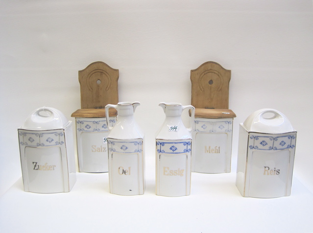 Appraisal: CONTINENTAL PORCELAIN KITCHEN CANISTER SET pieces two having wood lids