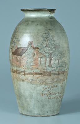 Appraisal: Nonconnah stoneware jar ovoid with everted rim slip painted house