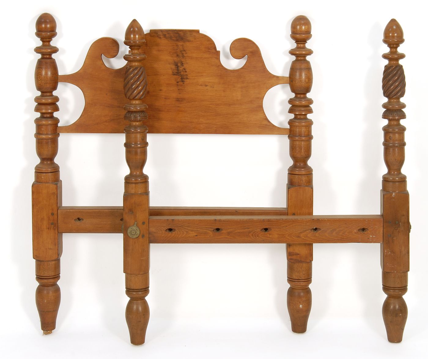 Appraisal: PAIR OF FOUR-POST TWIN BEDS In maple Headboard with cannonball