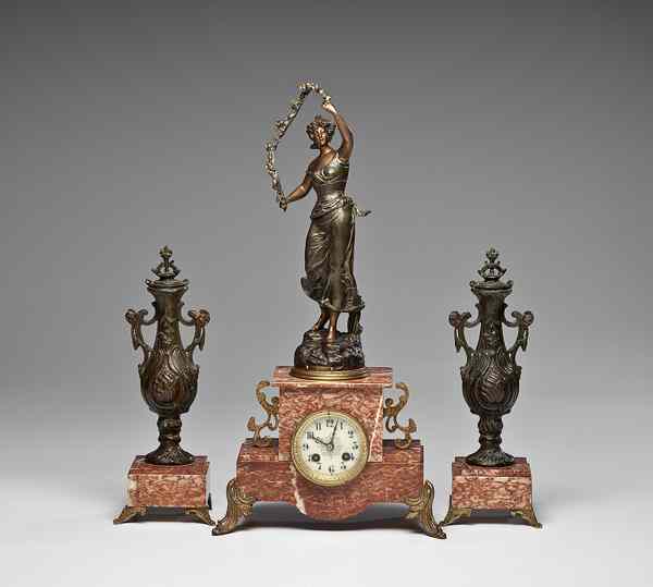 Appraisal: French Clock Garniture Set French early th century a three-piece