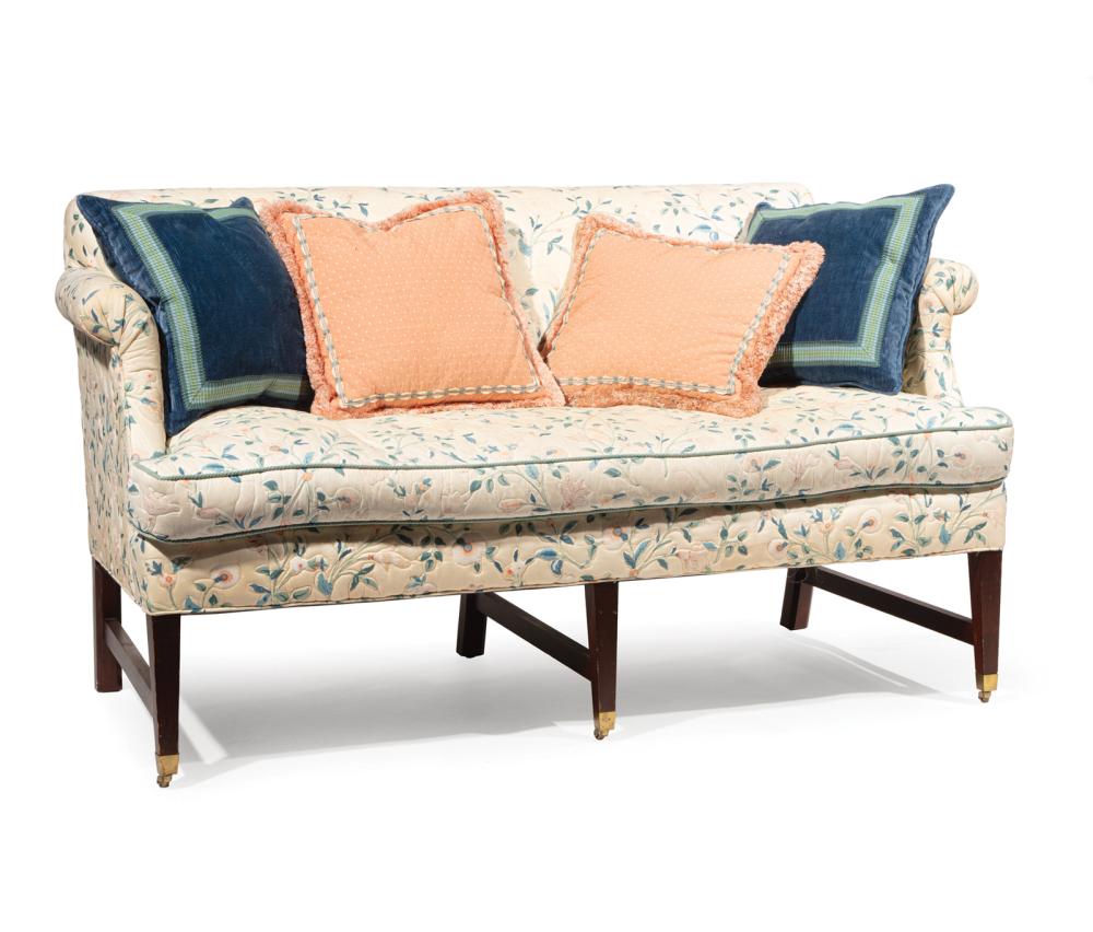 Appraisal: Georgian-Style Mahogany Settee padded back scroll arms square tapering legs