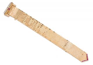 Appraisal: A Retro Yellow Gold Diamond and Ruby Belt Motif Bracelet