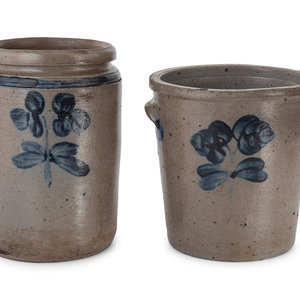 Appraisal: Two Cobalt-Decorated Stoneware Jars th Century Height of taller inches