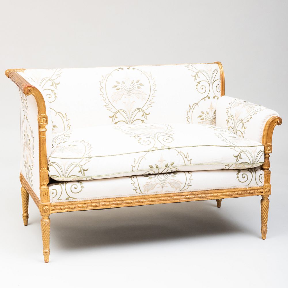 Appraisal: Louis XVI Style Giltwood Canap Upholstered in embroidered linen x