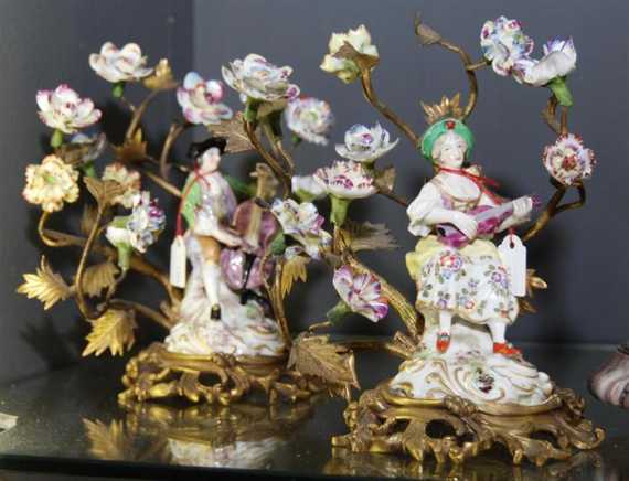 Appraisal: PAIR OF SMALL ORNAMENTAL OBJECTS WITH PORCELAIN FIGURES Louis XV