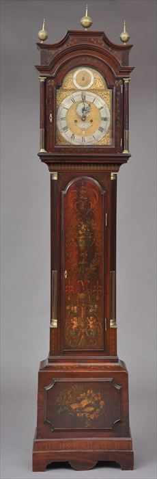 Appraisal: EDWARDIAN BRASS-MOUNTED AND PAINTED MAHOGANY LONGCASE CLOCK William Streggs London