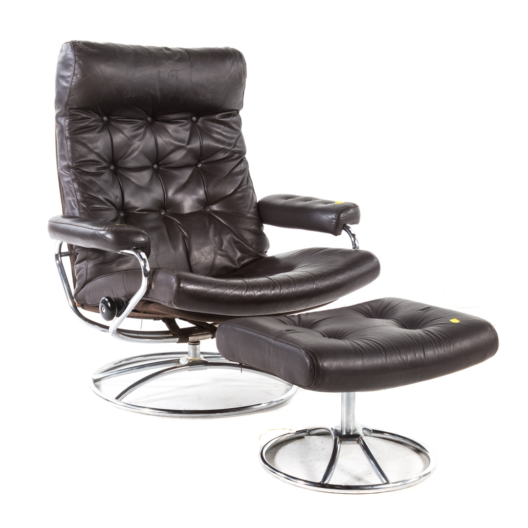 Appraisal: Ekornes stressless recliner and ottoman tubular chrome frame dark brown