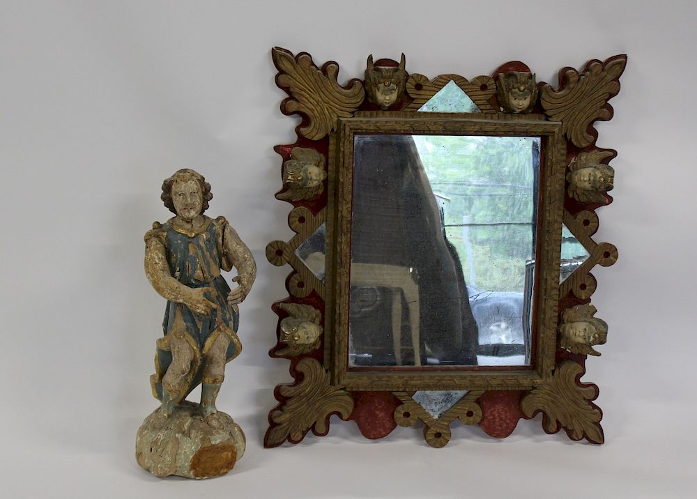 Appraisal: Antique Wood Santos Together With A Figural Mirror Good age