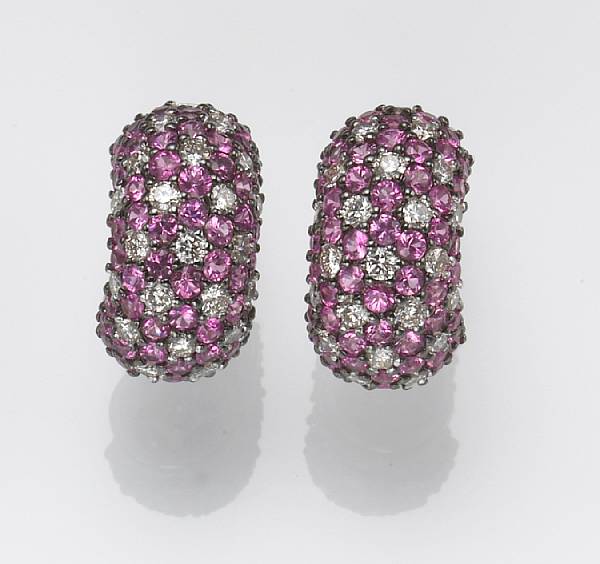 Appraisal: A pair of pink sapphire diamond and k white gold