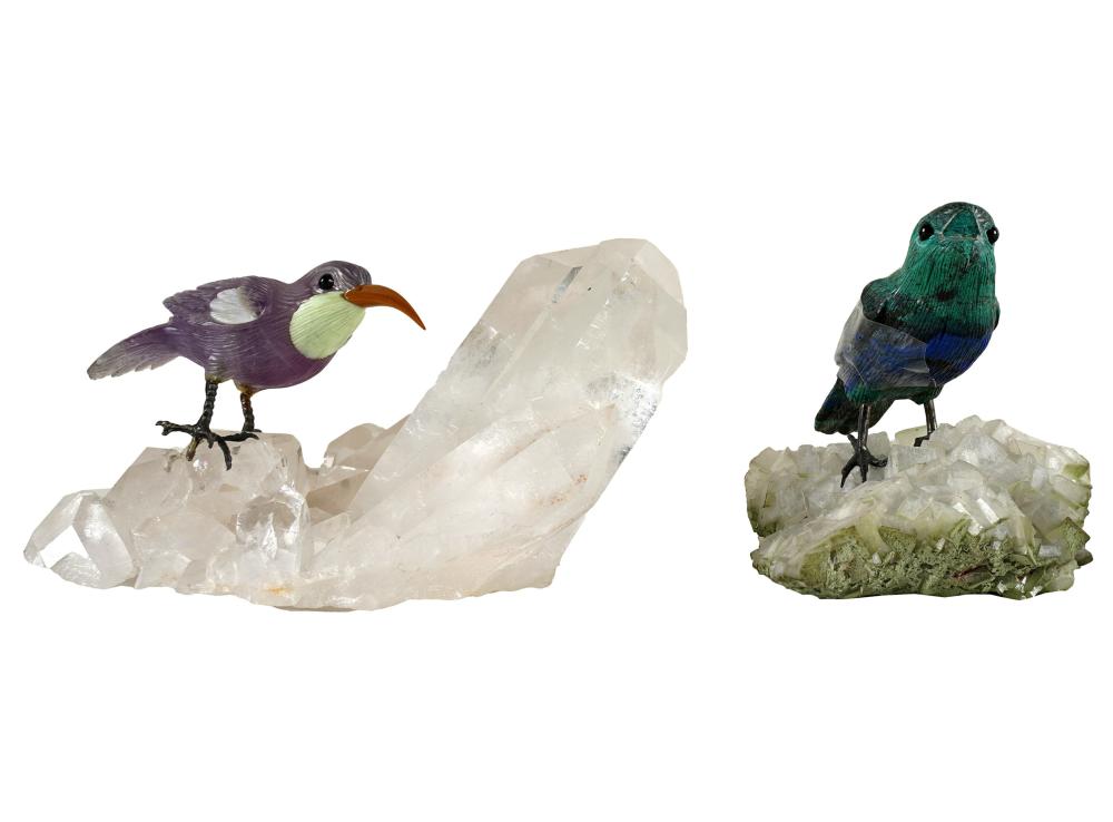 Appraisal: TWO CARVED MINERAL BIRDSwith metal feet each mounted to rock