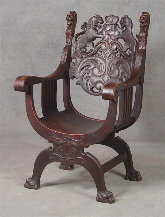 Appraisal: Tudor Revival Chair Circa Carved lions backsplat flanked by dog