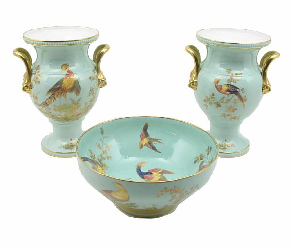 Appraisal: A pair of Spode ornithological vases and a similar bowl