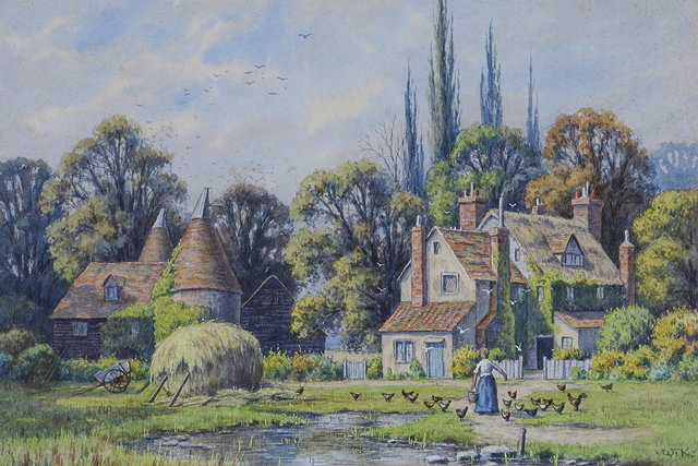 Appraisal: W K A farm and oast houses with young lady