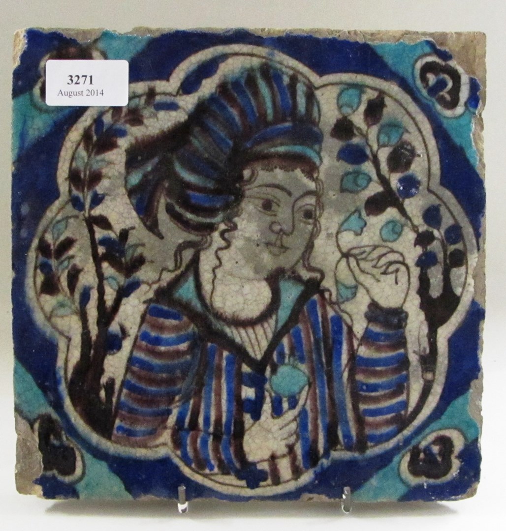 Appraisal: A Safavid 'Kubachi' figural pottery tile Iran c th century