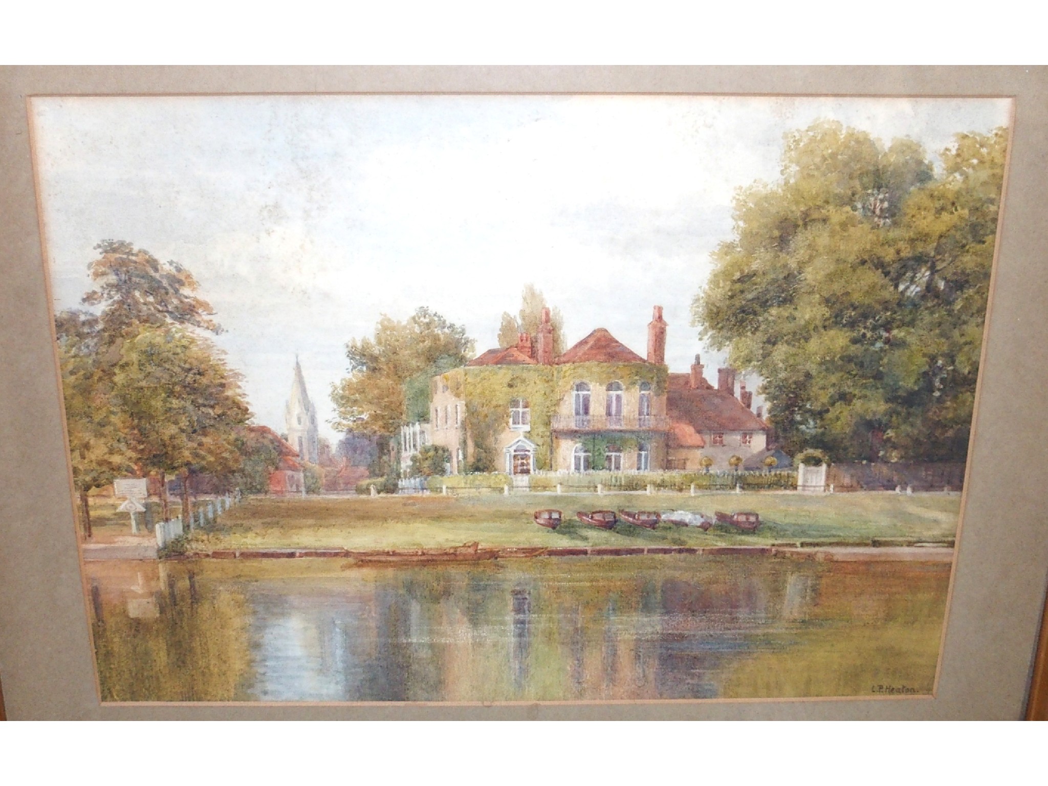 Appraisal: L P HEATON Stately home on a river bank signed