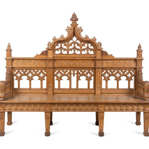 Appraisal: A Gothic Revival Carved Oak Hall Bench Late th Century