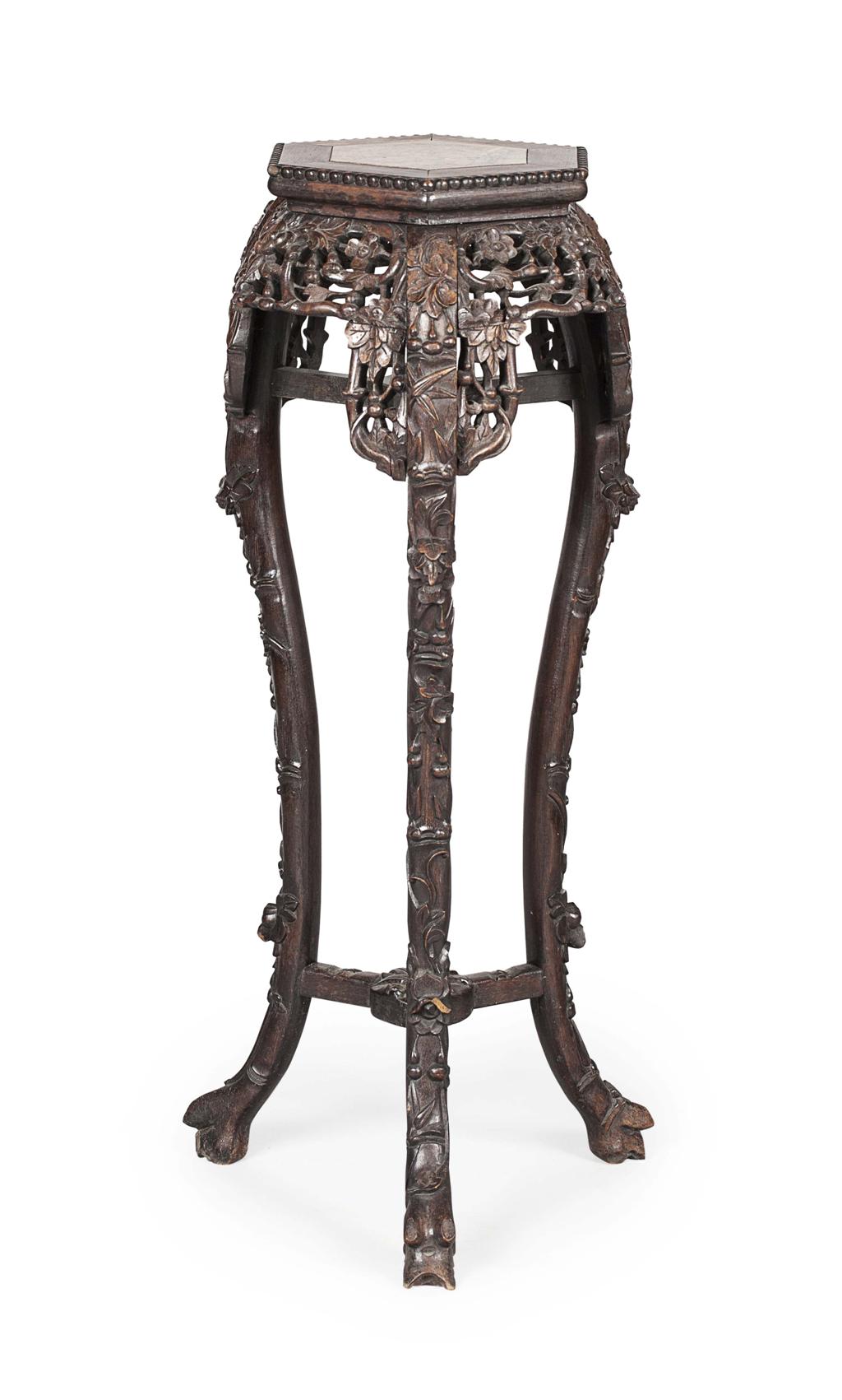 Appraisal: CHINESE CARVED HARDWOOD MARBLE TOP STAND LATE TH CENTURY the