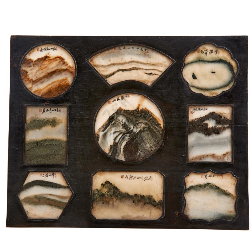 Appraisal: CHINESE DENDRITIC AGATE LANDSCAPES Six panels within an ebonized frame