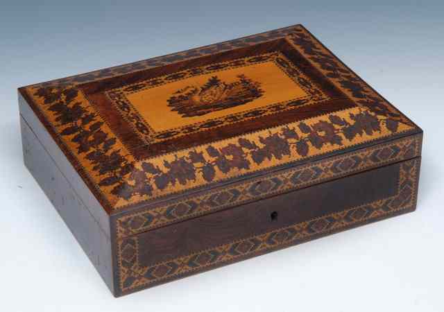 Appraisal: A TUNBRIDGEWARE RECTANGULAR WORKBOX the top inlaid with swan in