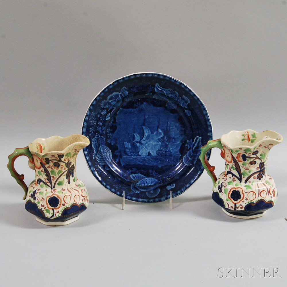 Appraisal: Staffordshire Blue and White Transfer-printed Plate and Two Gaudy Welsh