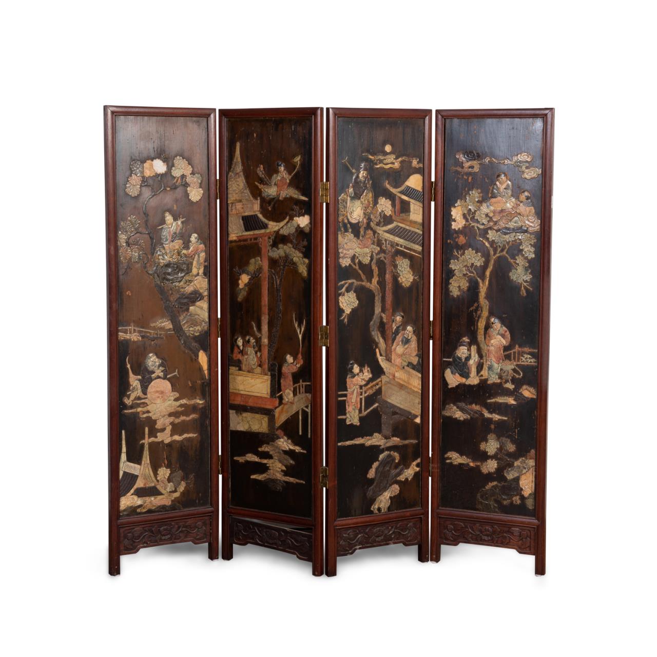 Appraisal: CHINESE FOUR PANEL ROSEWOOD SCREEN W STONE INLAY Chinese four