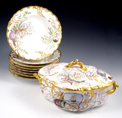 Appraisal: HAND PAINTED FRENCH LIMOGES CHOWDER TUREEN AND SOUP BOWLS M