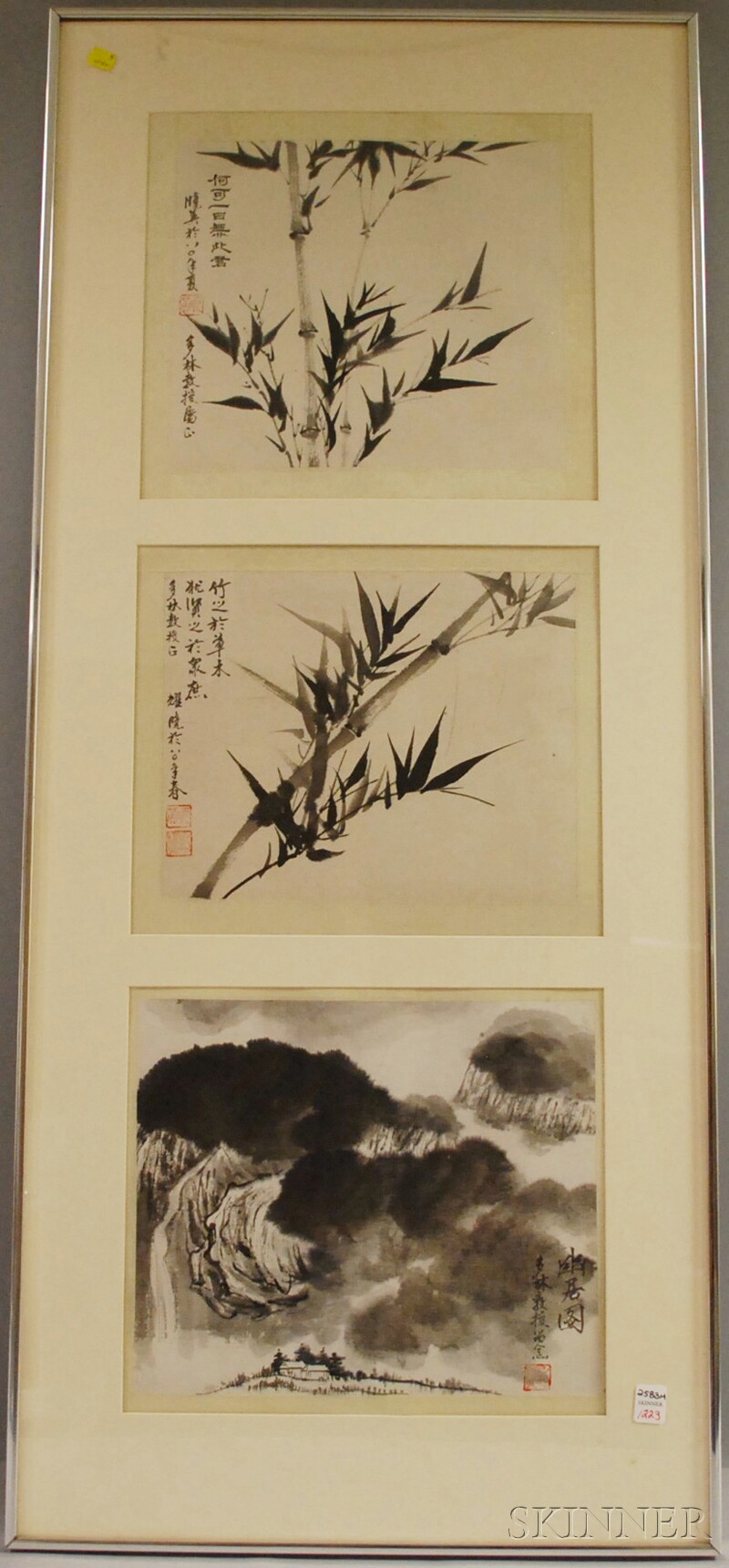 Appraisal: Three Chinese Paintings in a Common Frame and a Large