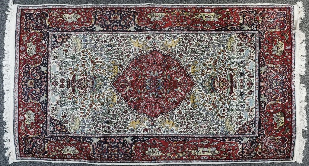 Appraisal: Exquisite Persian hand-knotted pictorial rug Appears to be wool Measures