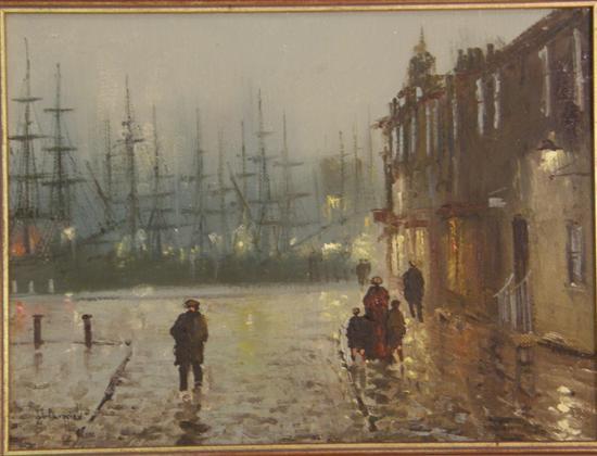 Appraisal: John Bampfield street scene with figures and docks beyond signed