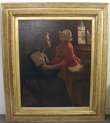 Appraisal: Interior genre mother and child oil on canvas x relined