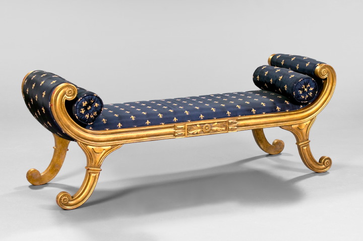 Appraisal: Regency-Style Giltwood Window Bench the frame with in-curved arms and