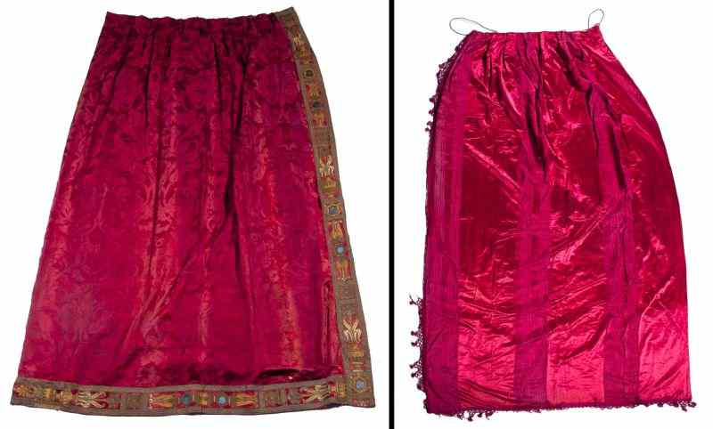 Appraisal: Antique Drapery Panelsconsisting of pairs of red satin with linear