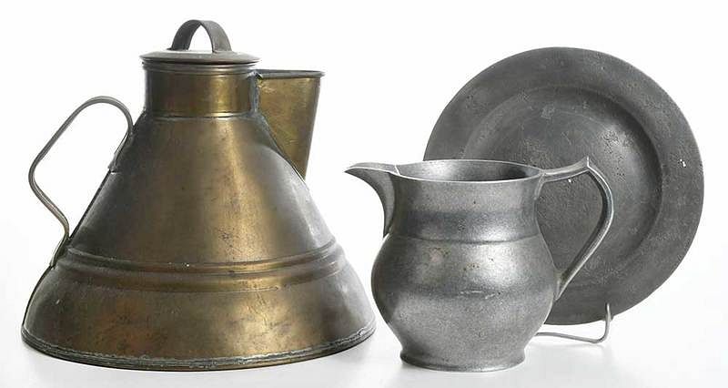 Appraisal: Lidded Brass Kettle with Two Pewter Articles th th century