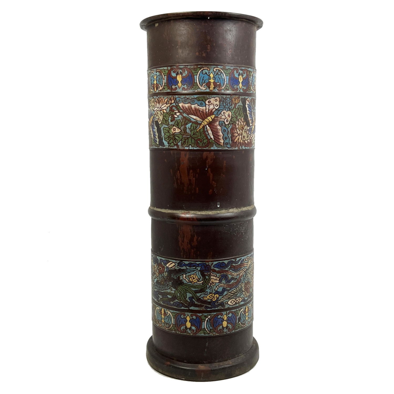 Appraisal: Vintage Chinese Cloisonne Champleve Enamel Umbrella Stand Metal column form