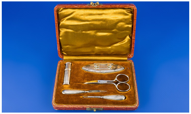 Appraisal: Silver Cased Five Piece Manicure Set Comprising Nail Buff And